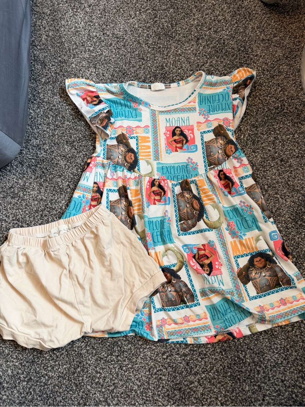 Moana Print Flutter-Sleeve Casual Dress for Kids - Blue & Cream